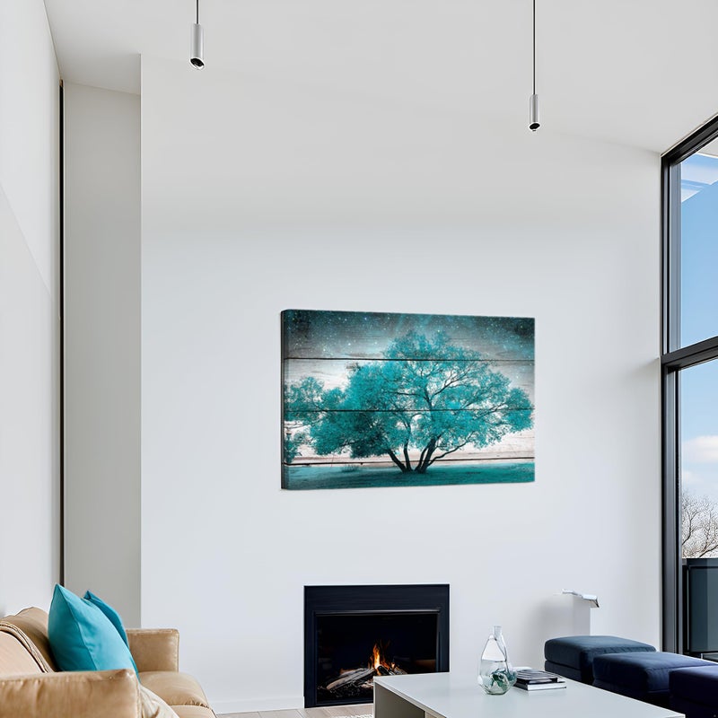LevvArts - Canvas Prints Wall Art Teal Tree on Vintage Wood Style Wall Decor Modern Landscape Pictures for Living Room Bedroom Office Decor Stretched and Framed Artwork Ready to Hang - Image 2